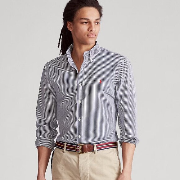 Ralph Lauren Blue Label Slim Fit Navy White Striped Poplin Button Down Shirt - Picture 1 of 11